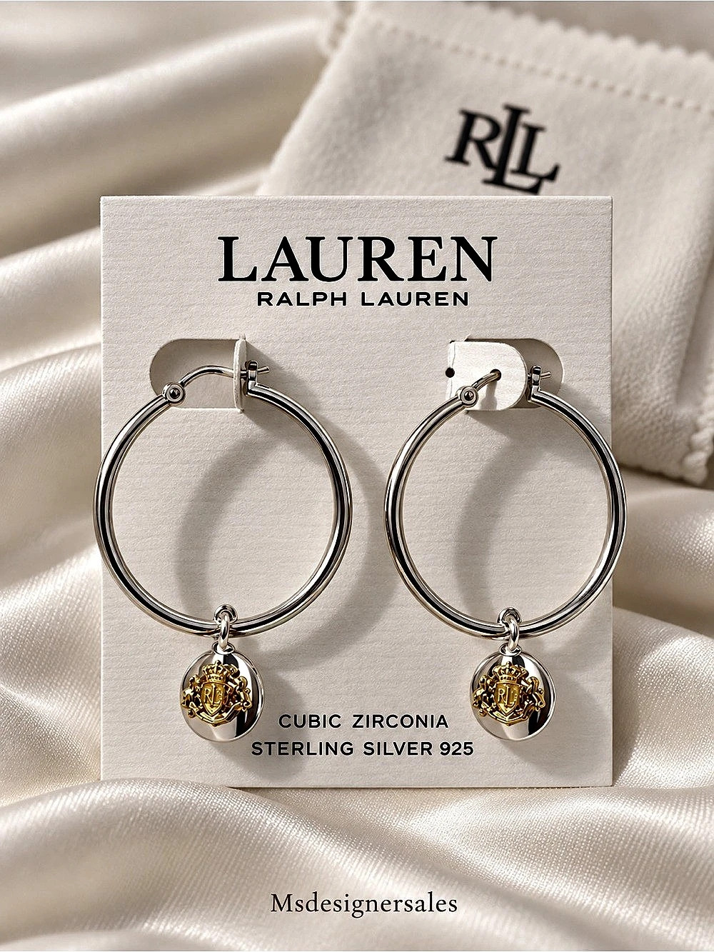 Lauren Ralph Lauren Hoop Earrings with Lion Head Charms Silver & Gold Hoop